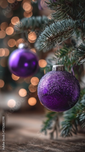 Holiday Decorations With Purple Ornaments and Soft Lights in a Cozy Setting