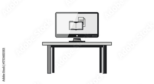 A black and white illustration of a desktop computer on a desk displaying a digital book icon.