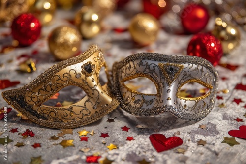 Festive Masks Displayed on a Colorful Table for a Celebration or Party Event