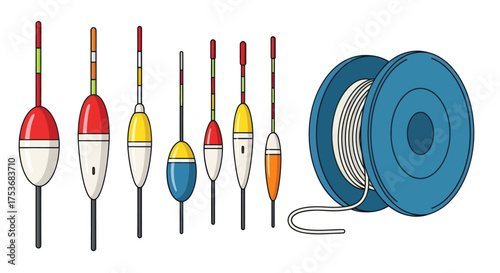 Collection of Colorful Fishing Bobbers and Spool of Line.