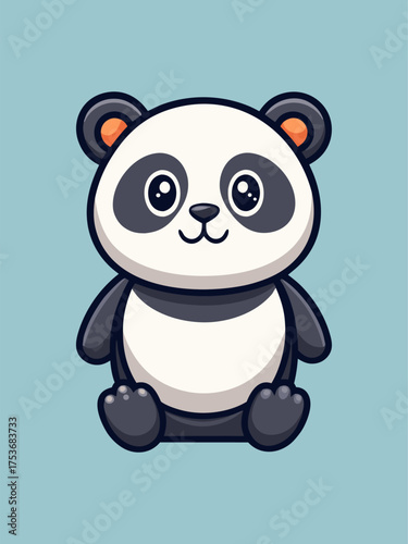 Cute cartoon panda sitting with big round eyes and small smile on light blue background vector illustration