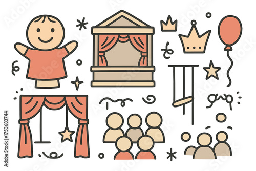 Puppet Theater Icons. Puppet theater doodle icon set: hand drawn icons of puppet with smile, stage, crown, star, balloon, curtain,