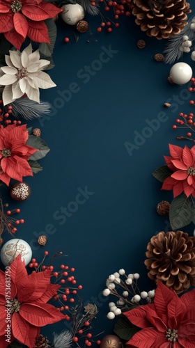 Bright Red Poinsettias and Pinecones Decorate a Festive Blue Background for H...