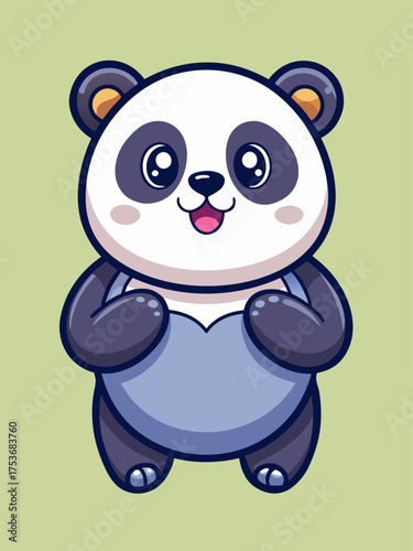 Adorable cartoon panda character with big eyes and chubby body standing happily on light green background illustration