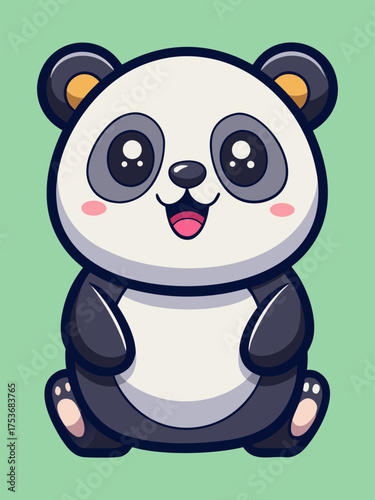 Adorable cartoon panda sitting with big sparkling eyes and happy smile on green background vector illustration
