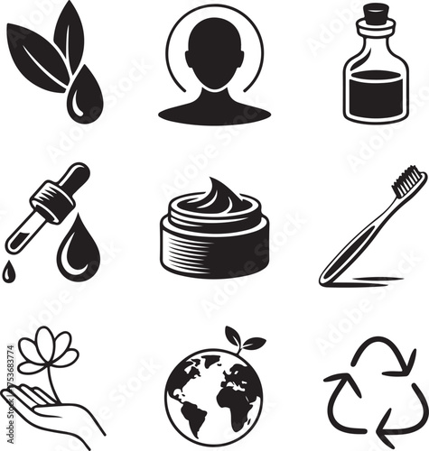 Nine Detailed Ethical Beauty Product Icons on White Background vector