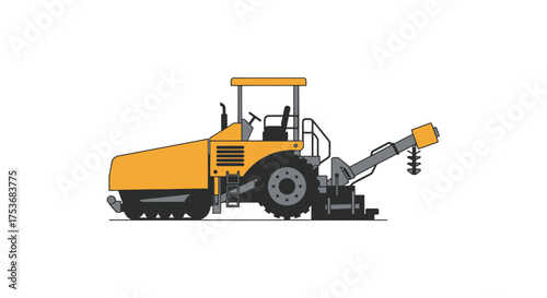 Yellow asphalt paver machine with auger attachment for road construction.