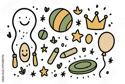 Playful Outdoor Doodles. Outdoor games doodle icon set: hand drawn icons of skipping rope with smile, ball, crown, star, balloon,