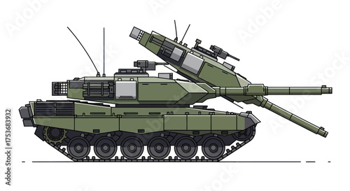 Modern Military Tank with Elevated Main Gun Side Profile Illustration.