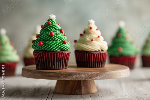 Festive Cupcakes Shaped Like Christmas Trees on Display in a Cozy Setting