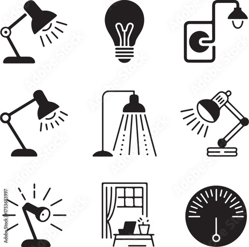 Nine detailed home office icons on a white background vector