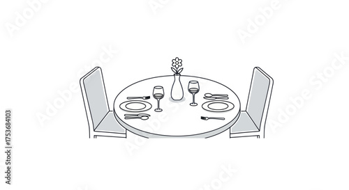 Minimalist line drawing of a romantic restaurant table set for a dinner date for two.