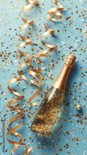 Celebratory Champagne Bottle With Golden Ribbons and Confetti on Blue Background