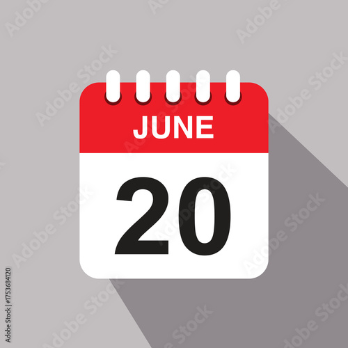 20 june calendar date icon. vector illustration with shadow design