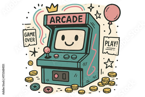Retro Arcade Fun. Retro arcade illustration doodle style: hand drawn retro arcade machine with smile, coins, joystick, neon lights