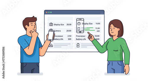 Two people discussing smartphone specifications on a digital display.