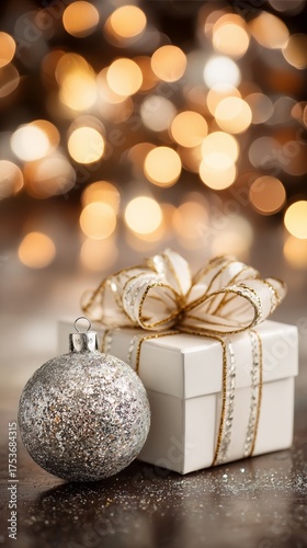 White Gift Box With Gold Ribbon and Shiny Ornament on a Festive Background Du...