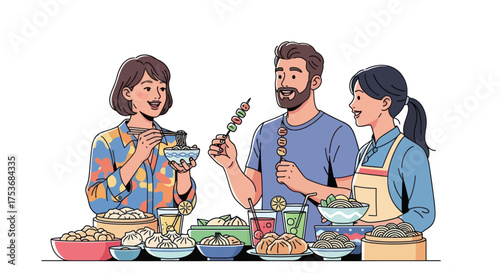 Diverse group of friends enjoying a bountiful spread of delicious food together.