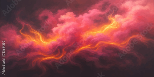 Dramatic dark night sky with red and orange fire flames lighting the clouds
