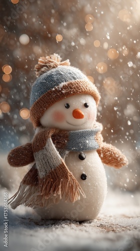 Charming Snowman Wearing a Hat and Scarf in Snowfall During Winter Season
