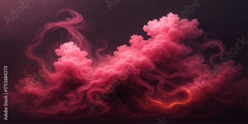 Fiery red heart of smoke and light on a black background, a glowing wave of purple and blue flame and fume texture