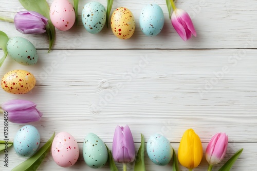 Vibrant Easter Eggs and Colorful Flowers Arranged on a Wooden Surface During ...