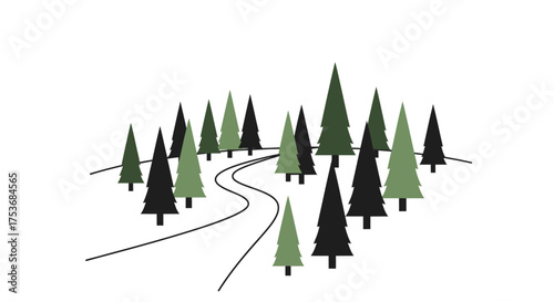 Minimalist Forest Scene with Winding Path and Evergreen Trees.