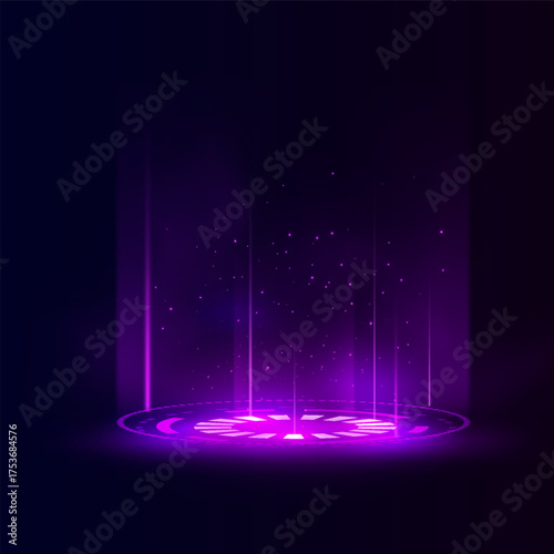 Neon pink portal ring with light effects, beams, particles, and a magical platform.