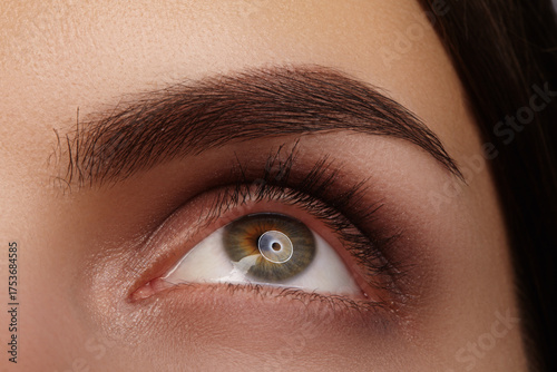 Macro close-up hazel eye and defined eyebrow, natural makeup and clean beauty expression. Macro for cosmetic brand or ophthalmology clinic, permanent make-up, laser vision correction