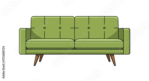 Green Mid-Century Modern Sofa with Wooden Legs.