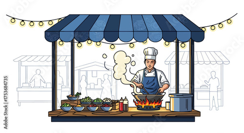 Male chef cooking in a wok at a vibrant street food market stall with a blue striped awning.