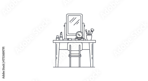 Minimalist Line Art Vanity Table with Mirror Chair and Makeup Items.