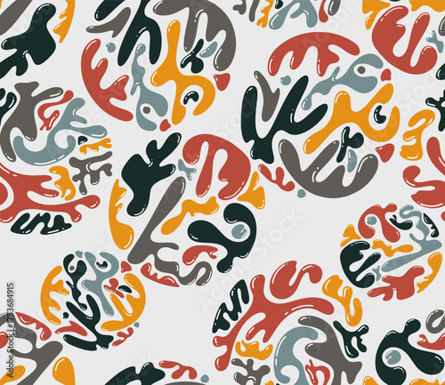 Seamless pattern liquid abstract organic blob shapes round background. Colored wavy elements bubbles and drops in trendy y2k style. Design childish colorful vector. Poster banner, card template design
