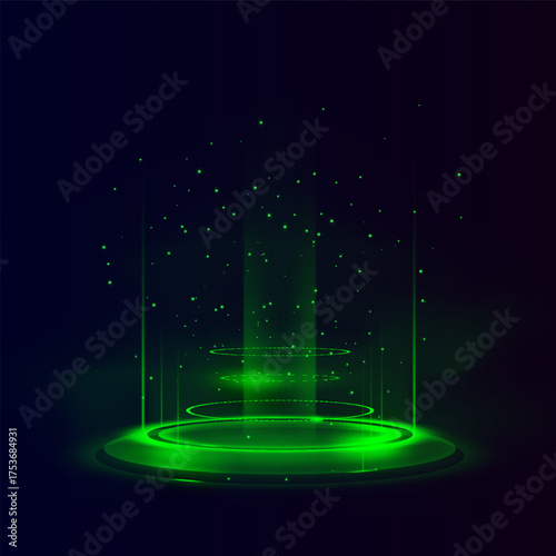 Green portal with a round ring of light, neon energy beams, and holographic gate.