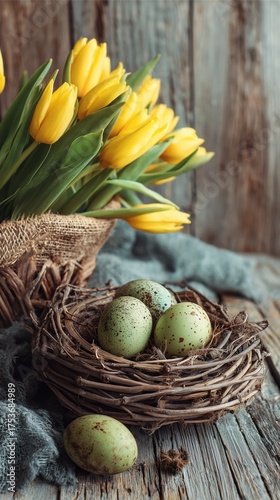 Colorful Tulips and Decorative Eggs Create a Springtime Display in a Cozy Set...