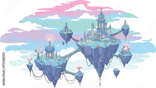 Vector art of whimsical pixel art floating island castle with pastel sky