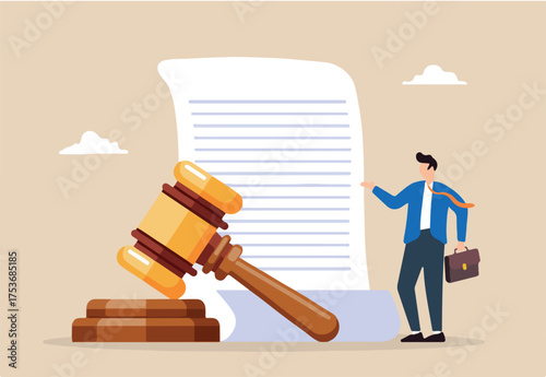 Mature lawyer stands with judge gavel and legal documents. Concept of professional attorney office, realm of law, and authorization of judicial decisions