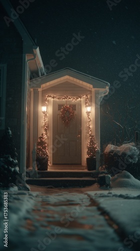 Snowy Winter Night at a Beautifully Decorated Cozy Home Entrance With Festive...