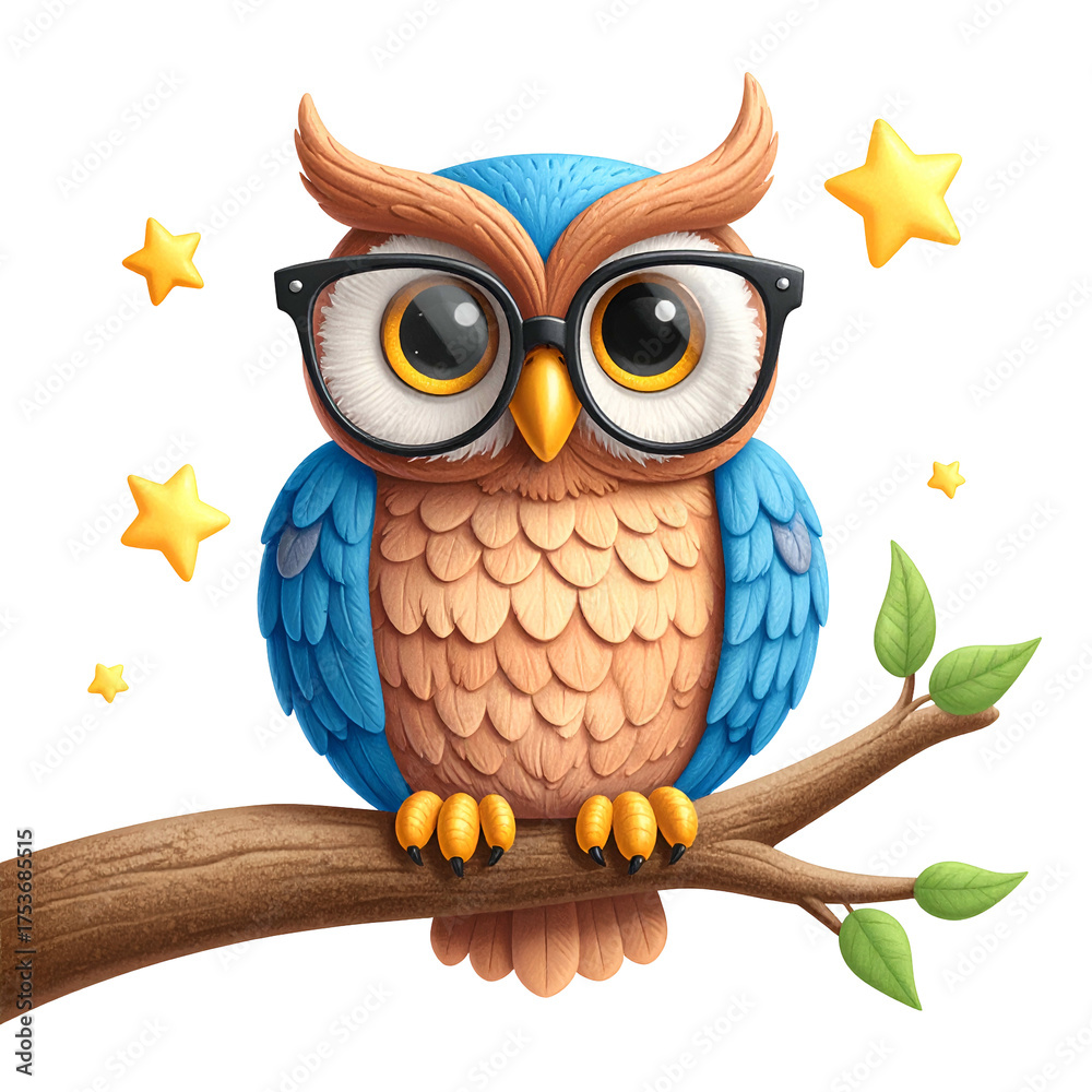 Obraz premium Cute owl with glasses sits on a branch surrounded by stars.