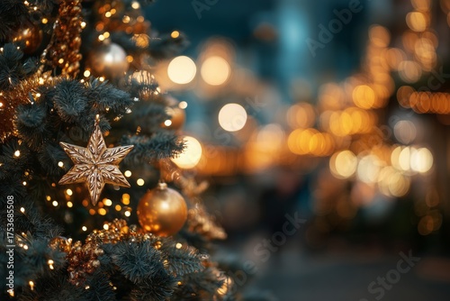 Glowing Ornaments on a Christmas Tree Bring Festive Cheer During a Winter Eve...