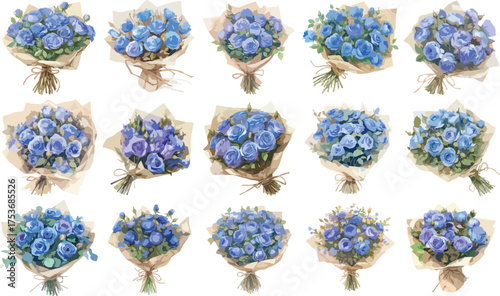 Blue Rose Bouquet Watercolor Clipart
