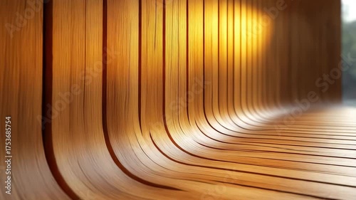 Abstract vertical video of a curved wooden surface. Warm light moving across a modern architectural design. Animated texture background