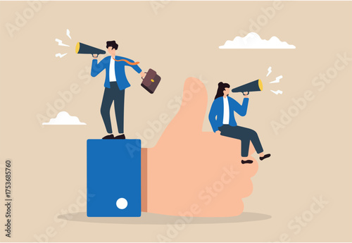 Flat illustration of business people announce with megaphone on thumbs up representing positive recommendations reviews and feedback