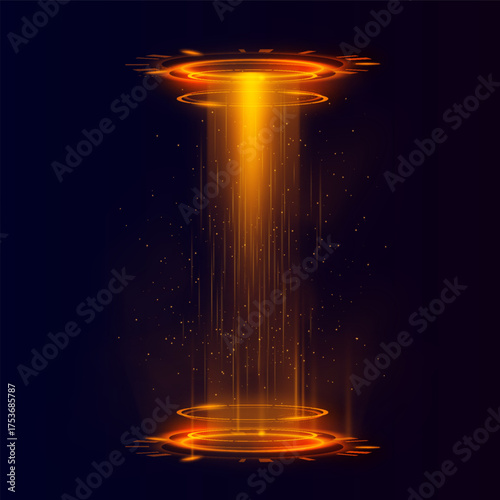 Yellow futuristic circle tube portal, magic round tunnel teleport with glow rays and sparks, energy ring with light aura