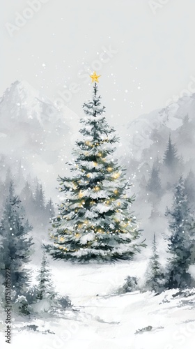 Snowy Winter Scene Featuring a Christmas Tree Decorated With Lights and a Sta...
