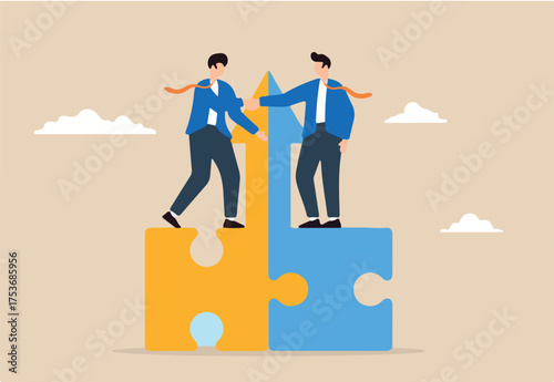 Two businessmen shaking hands on connected growth arrow puzzle pieces, illustrating joint venture or business partnership. Concept of share resources and work together to common goal through mergers