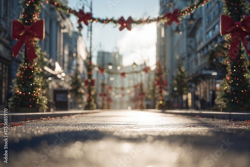 Festive Street Decorated With Lights and Bows During Christmas Season in a Ci...