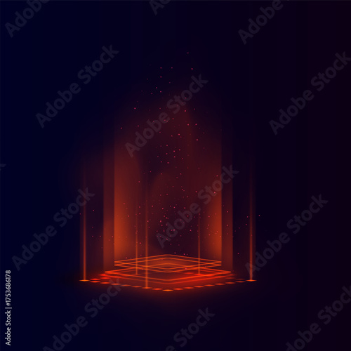 Futuristic square portal with neon yellow energy beams.