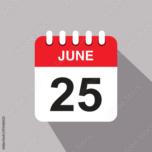 25 june calendar date icon. vector illustration with shadow design