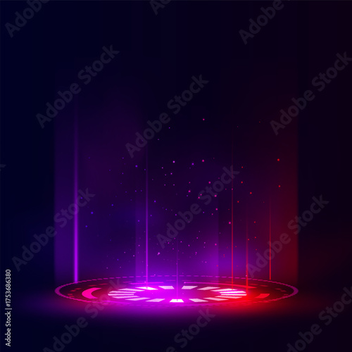 Circular futuristic portal, pink, glow effect, particles, virtual reality.